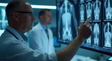 Doctors analyzing full body x ray scans on digital display in hospital - Powered by Adobe