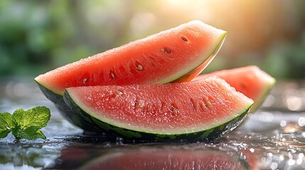 Juicy Watermelon Slices on Dark Background with Mint