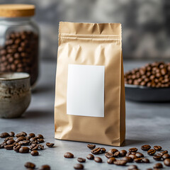 Blank kraft paper coffee bag with white label standing upright on a gray surface, surrounded by scattered coffee beans and containers in the background