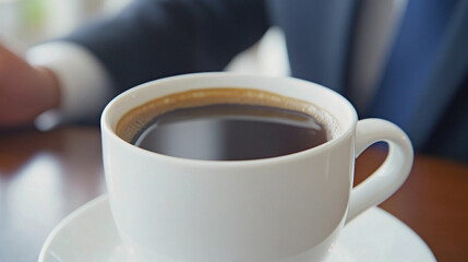 close up on a freshly brewed coffee cup on wooden table with businessman in suit enjoying morning drink during a business meeting discussing incentive programs with employees