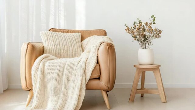 Cozy armchair with soft blanket and decorative vase, enhancing living room decor with flowers.