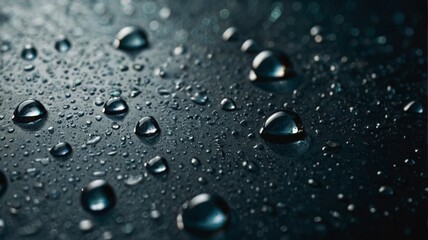 The image is of a dark surface with many small blue droplets of water