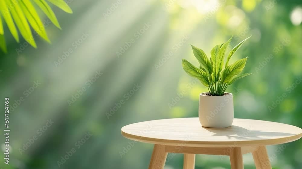 Aufkleber plant in sunlight: a small potted plant rests on a wooden table bathed in the sun, creating a tranqu