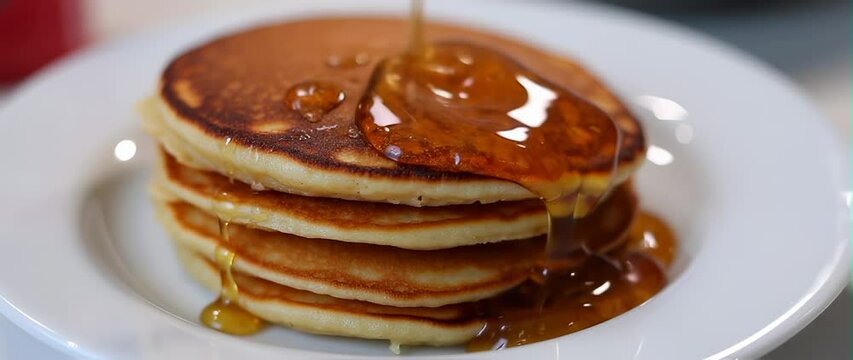 Anamorphic video Syrup pouring on stack of buttermilk pancakes