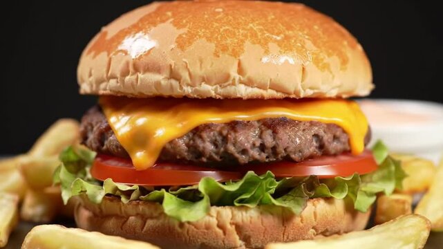 Juicy Cheeseburger with Melted Cheddar and Fries on Slate Plate