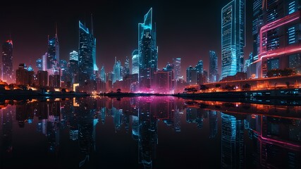 Fototapeta premium A futuristic city illuminated by vibrant neon lights at night