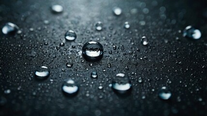 The image is of a dark surface with many small blue droplets of water