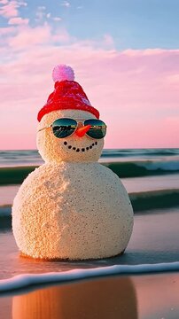 Snowman made of sand at the beach wearing sunglasses and a red hat during sunset