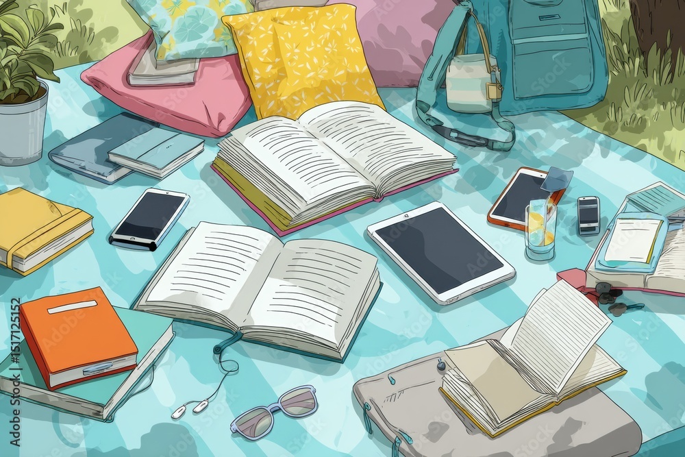 Poster digital detox day in the park showcases closed devices and open books for peaceful reading experienc