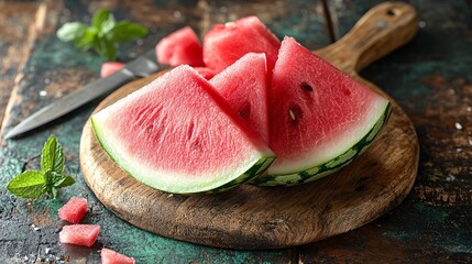 Sliced Red Watermelon on Rustic Wooden Board