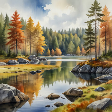 Watercolor of the Žemaitija National Park in Lithuania, with patchwork autumn forests surrounding quiet glacial lakes and moss-covered boulders glowing in filtered sunlight