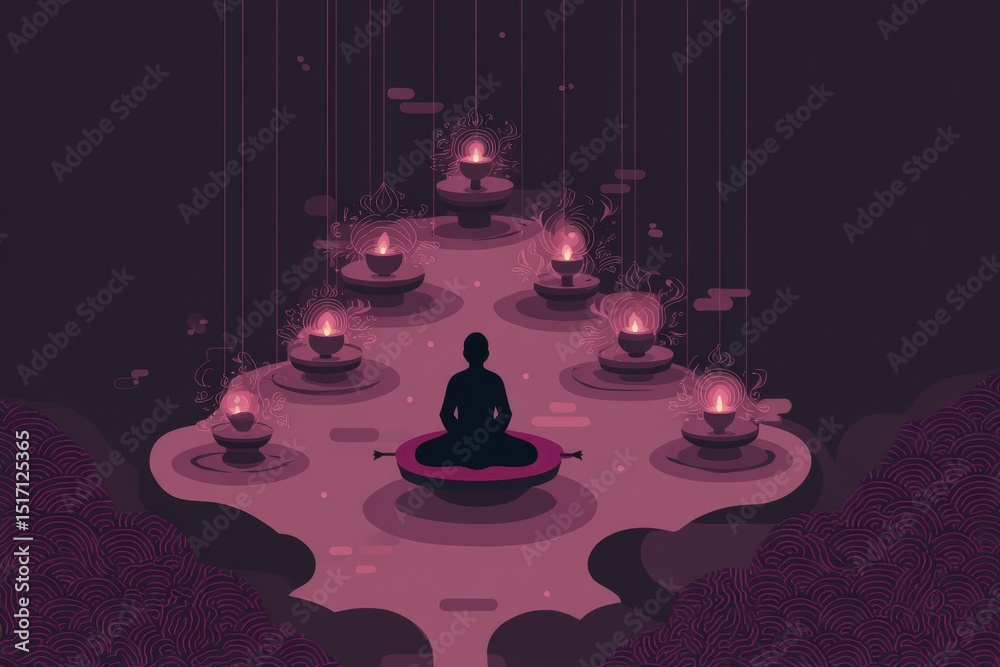 Poster mindfulness meditation with illuminated candles in a serene setting