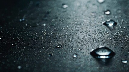 The image is of a dark surface with many small blue droplets of water