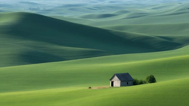 aerial view of solitary barn surrounded by lush green fields captured from height in orthogonal projection