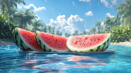 Three Juicy Watermelon Slices on Tropical Beach