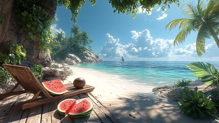 Tropical Beach Scene with Watermelon and Coconut A Relaxing Summer Vacation
