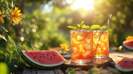 Two Glasses of Iced Tea with Watermelon Slices on Wooden Table Outdoors in Summer Sunlight