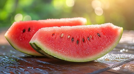 Two Juicy Watermelon Slices on Wooden Table Summer Outdoors