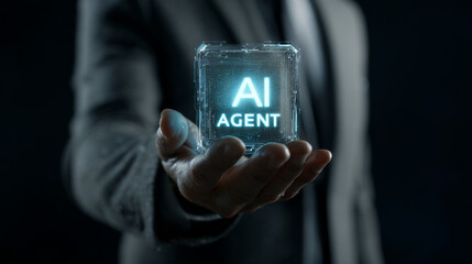 AI agent hologram in man hand, glowing with futuristic technology, symbolizes innovation and digital transformation