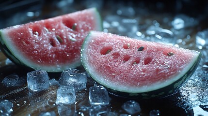 Two Slices of Juicy Watermelon on Ice Cubes