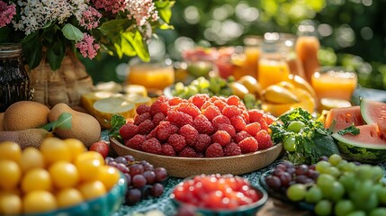 Vibrant Summer Fruit Arrangement on a Garden Table