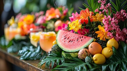 Vibrant Summer Still Life Watermelon and Tropical Flowers with Refreshing Drinks