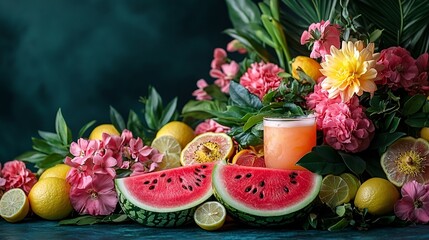 Vibrant Summer Still Life Watermelon Slices and Pink Flowers Surround a Refreshing Pink Cocktail
