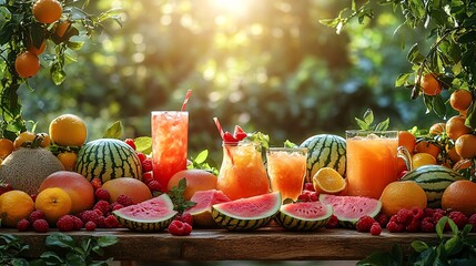 Vibrant Summer Fruit Drinks with Watermelon and Citrus on Wooden Table