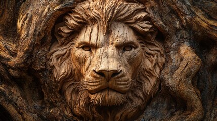 Majestic Lion Carved into Ancient Tree Trunk