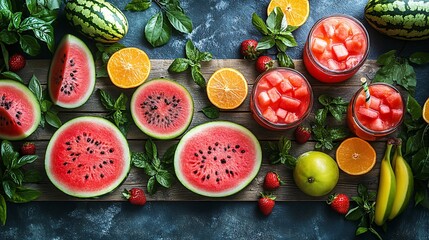Vibrant Summer Fruit Still Life Watermelon, Citrus, and Mint on Wooden Background