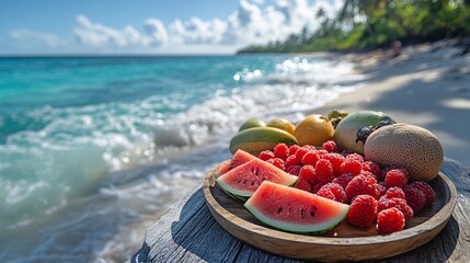 Vibrant Tropical Fruits on Wooden Platter at Sunny Beach