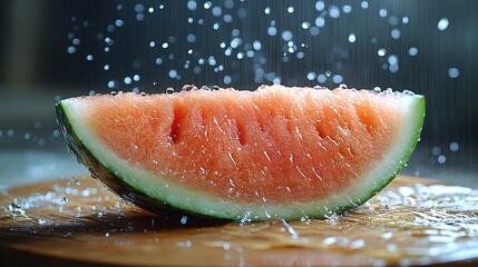Water Splashing on a Red Watermelon Slice on Wooden Board