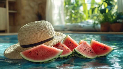 Watermelon Slices and Straw Hat by Poolside Summer Relaxation