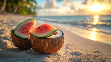Watermelon Slices in Coconut Shells on Tropical Beach at Sunrise