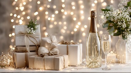 Festive holiday setup with glowing lights, wrapped gifts, and champagne on an elegant table, celebrating warmth and joy