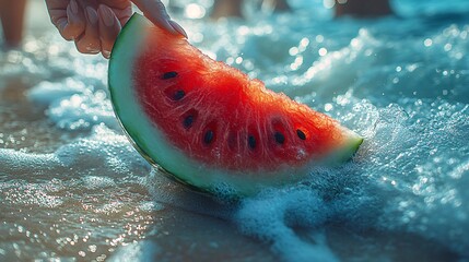 Woman's Hand Holding a Juicy Watermelon Slice Near Ocean Waves on Sunny Beach