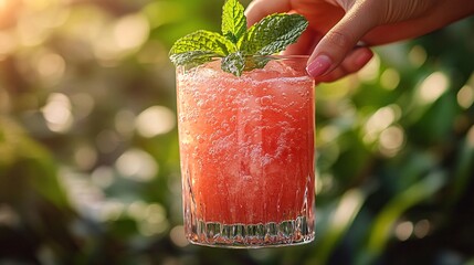 Woman's Hand Holding a Refreshing Pink Cocktail with Mint Garnish Outdoors