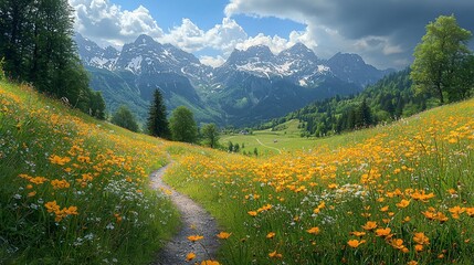 Fototapeta premium Scenic view of mountains, a wildflower meadow, path, trees, and blue sky with clouds
