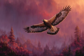 Obraz premium Golden Eagle Flight Over Forest Landscape