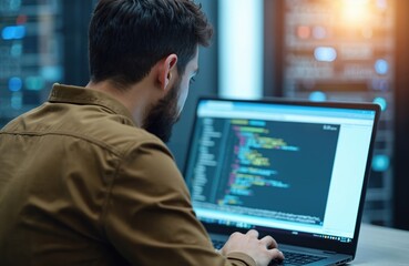 IT specialist works with laptop configuring server in corporate data center. Man, programmer, engineer at work on software, ai, data protection and network security. Cyber security expert.