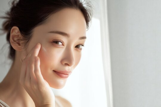 Radiant woman applies lotion to her face, highlighting healthy skin and a skincare routine, symbolizing beauty and wellness.