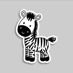 Sticker of a zebra vector graphics bold black and white lines simple shapes simple background childrens book illustration style fullbody flat color solid co