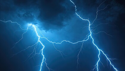 Vivid blue lightning strikes night sky during thunderstorm. Dramatic electric flash, power impact. Weather phenomenon, nature force, energy effect. Stormy, dramatic background, danger, climate