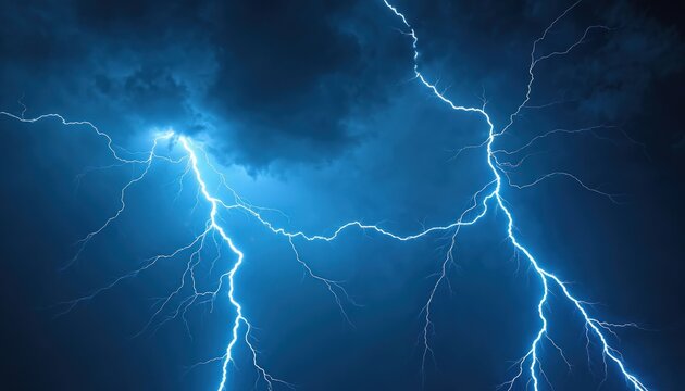 Vivid blue lightning strikes night sky during thunderstorm. Dramatic electric flash, power impact. Weather phenomenon, nature force, energy effect. Stormy, dramatic background, danger, climate