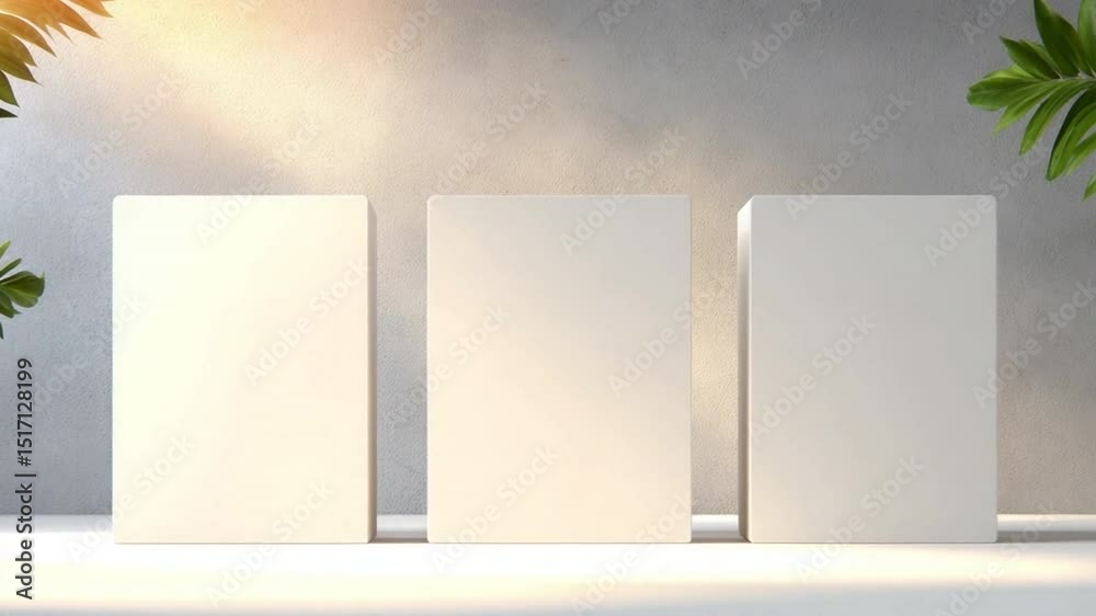 Poster Product Display with Natural Light: A minimalist composition featuring three blank product boxes, subtly illuminated by natural light against a simple backdrop.