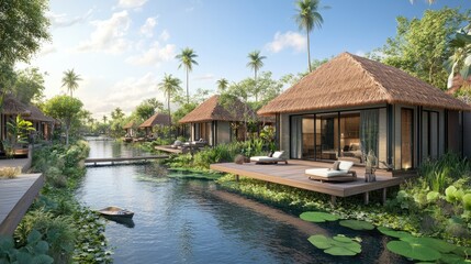 Fototapeta premium Architectural close-up of thatched roofs on water bungalows blending with tropical landscape