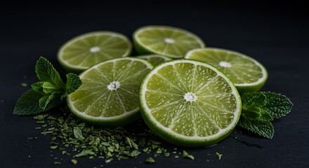 Refreshing close-up of sliced limes with fresh mint leaves. 