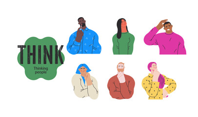 Thinking people, modern flat vector concept illustrations set- people standing thoughtfully. Metaphor for reflection, analysis, introspection, contemplation, deep thought