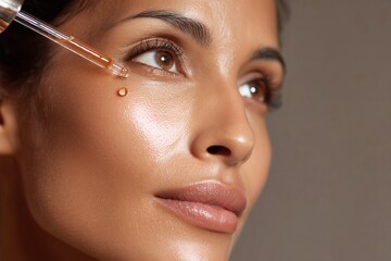 Skincare routine with serum. Woman applying facial serum with dropper for radiant and hydrated skin, promoting a healthy complexion.