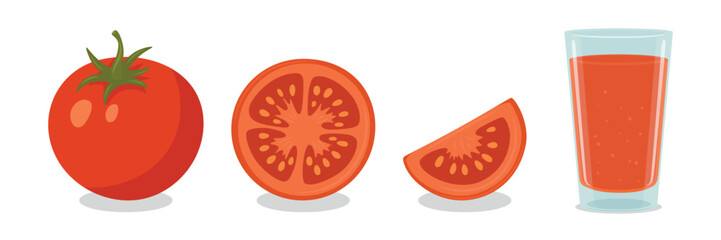 Vector Tomato Set with Whole Tomato, Sliced Tomato, Tomato Wedge and Juice Glass. Fresh Vegetable Flat Icons for Healthy Food Design, Organic Product, Kitchen. Vector Illustration